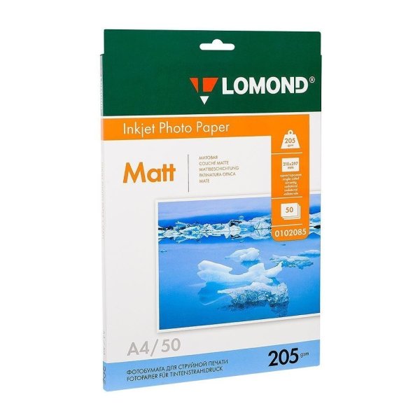Фотобумага матовая для струйной фотопечати "Lomond", А4, 50 листов, 205 г/м2