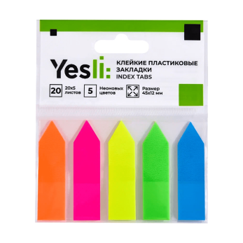 Закладки пластиковые "Yesli:. Arrow", 12х44 мм, 20 штук, ассорти неон