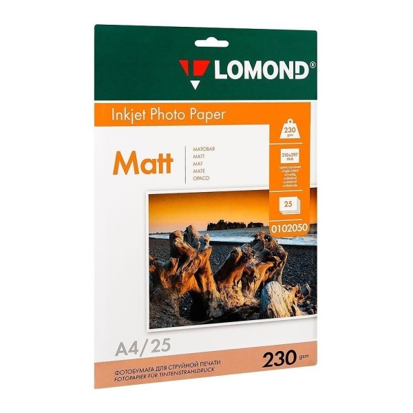 Фотобумага матовая для струйной фотопечати "Lomond", А4, 25 листов, 230 г/м2