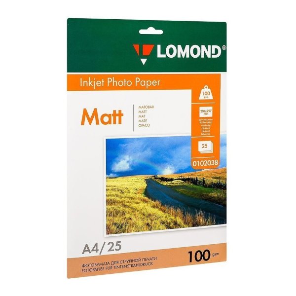 Фотобумага матовая для струйной фотопечати "Lomond", А4, 25 листов, 100 г/м2