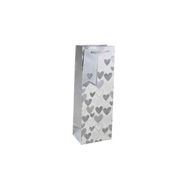 Пакет бумажный подарочный для бутылки "Silver heart", 12.7x9x35.5 см, разноцветный