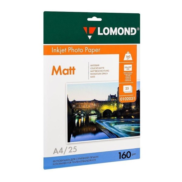 Фотобумага матовая для струйной фотопечати "Lomond", А4, 25 листов, 160 г/м2
