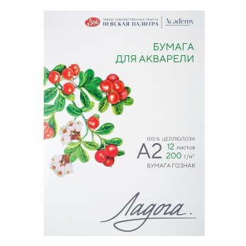 Блок бумаги для акварели "Ладога", 100% целлюлоза, А2, 200 г/м2, 12 листов, среднее зерно