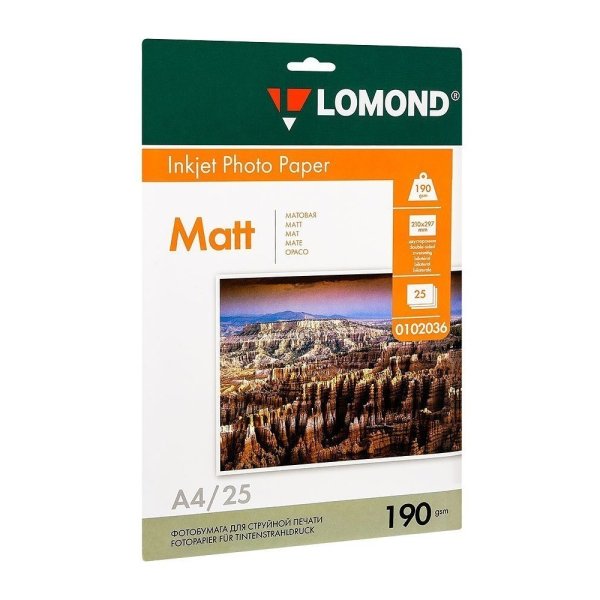Фотобумага матовая для струйной фотопечати "Lomond", А4, 25 листов, 190 г/м2